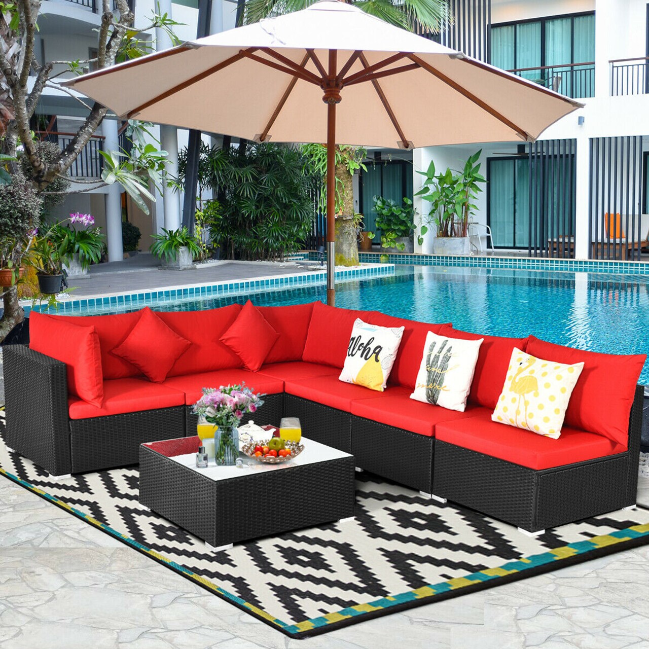 7 Pieces Sectional Wicker Furniture Sofa Set With Tempered Glass Top